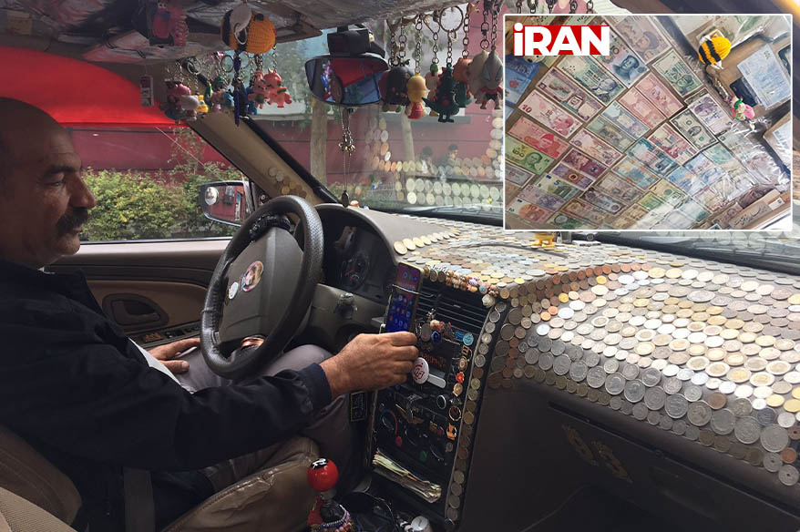 “Seyyar para müzesi” yolcularına keyifli anlar yaşatıyor Tahran’da 40 yıldır taksicilik yapan İbrahim Fekharyan, yerli ve yabancı