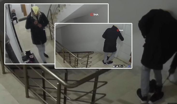 Esenyurt’ta bir apartmana giren hırsız, kafasına örtüğü bez parçasıyla katları