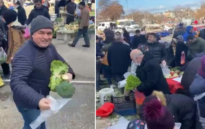 Bursa’da hayırsever bir vatandaş, pazar tezgahındaki ürünlerin tamamını satın alarak