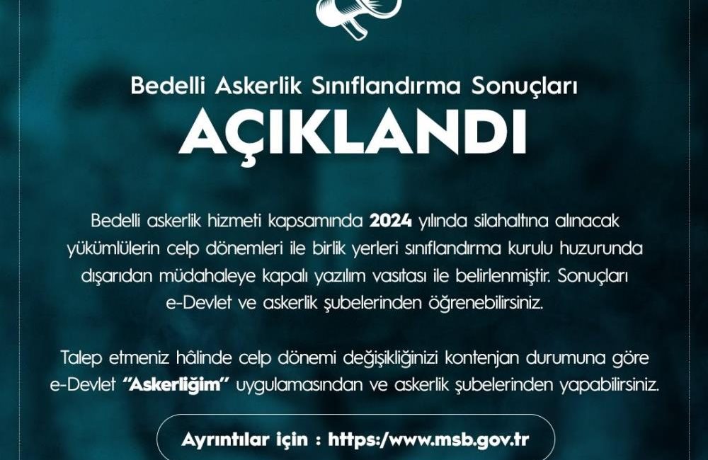 Milli Savunma Bakanlığı (MSB), bedelli askerlik sınıflandırma sonuçlarının açıklandığını duyurdu.MSB’den