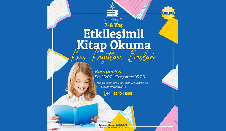 Edremit’te ücretsiz okuma kursu açılacak Edremit Belediyesi tarafından düzenlenen Etkileşimli Kitap Okuma Kursu için başvurular