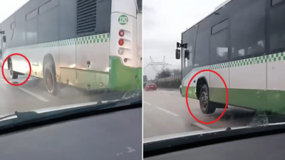 Bursa’da özel halk otobüsü, tek tekeri havada seyahat etti. O