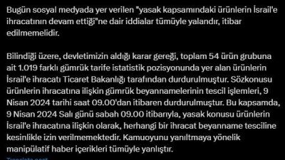 Ticaret Bakanlığı, “Sosyal medyada yer verilen ‘yasak kapsamındaki ürünlerin İsrail’e