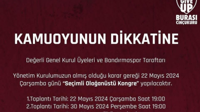 Bandırmaspor Kulübü yönetimi Seçimli Olağanüstü Kongre kararı aldıklarını duyurdu. Bandırmaspor