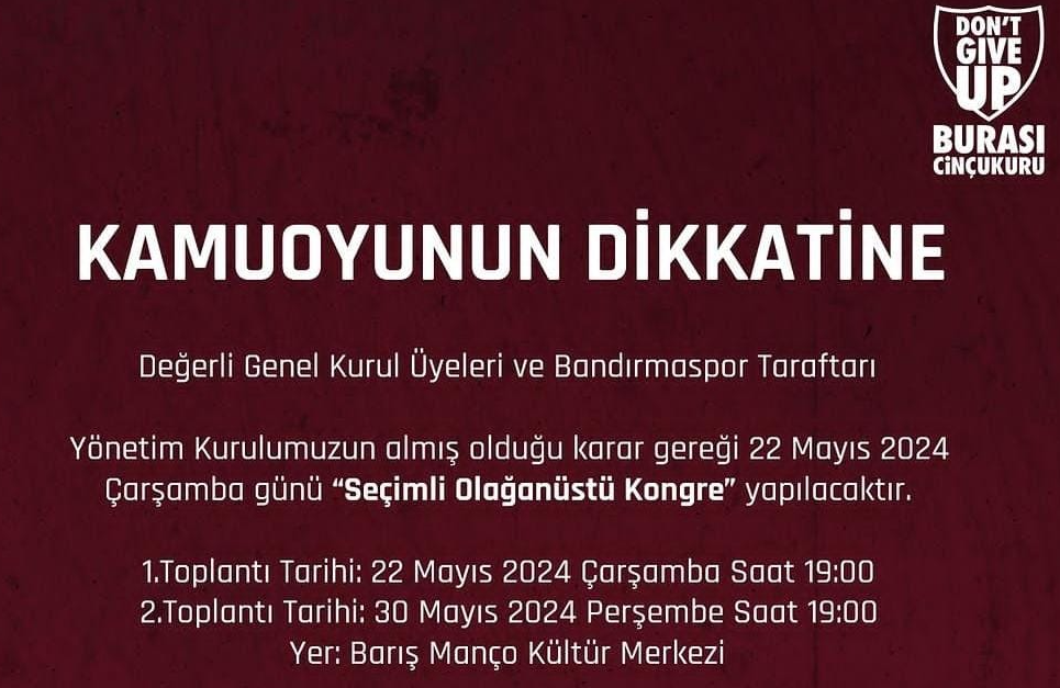 Bandırmaspor Kulübü seçimli kongre yapacak Bandırmaspor Kulübü yönetimi Seçimli Olağanüstü Kongre kararı aldıklarını duyurdu. Bandırmaspor