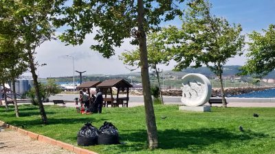 Bandırma sahilinde Bandırma Belediyesi tarafından yapılan çim biçme çalışmaları ile