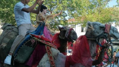 Manyas’ta Roman gelin ve damat deve üzerinde ve bando eşliğinde