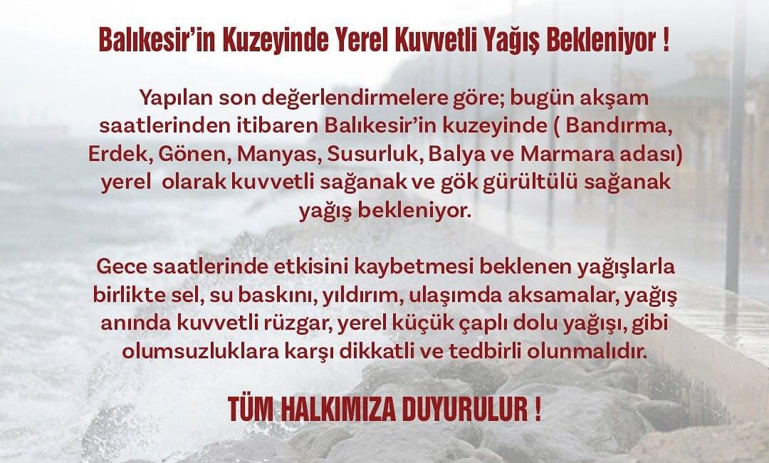 Bandırma’da Kuvvetli Yağış Uyarısı! Balıkesir’in kuzey bölgelerinde 29 Eylül akşam saatlerinden itibaren kuvvetli sağanak