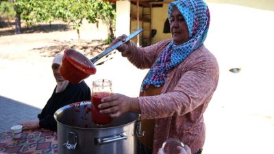 Balıkesir Büyükşehir Belediyesi tarafından Dursunbey’de dağıtılan salça makineleriyle ilk salçalar