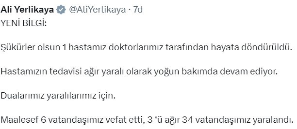 Bakan Yerlikaya: “(Aksaray’daki otobüs kazası) 1 hastamız doktorlarımız tarafından hayata döndürüldü” İçişleri Bakanı Ali Yerlikaya, Aksaray’da meydana gelen otobüs kazasına ilişkin,