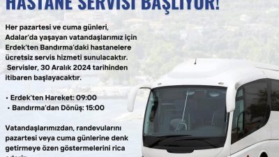Marmara Adalar Belediyesi, Erdek’ten Bandırma’daki hastanelere ücretsiz servis hizmeti başlatıyor.