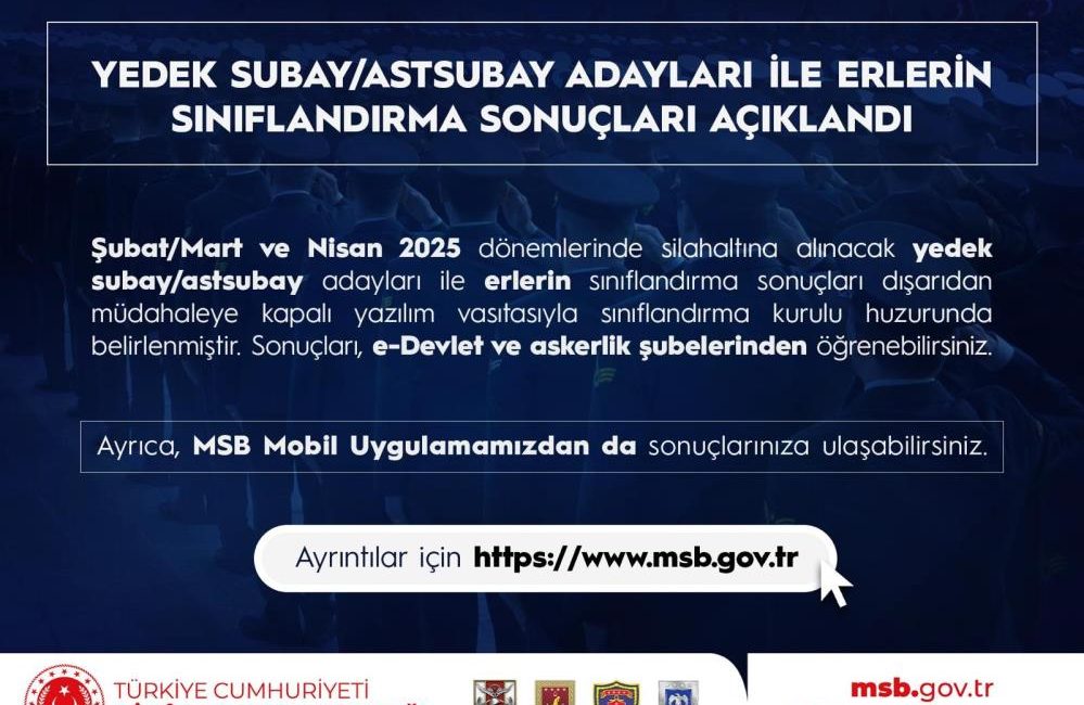 Şubat/Mart ve Nisan 2025 dönemlerinde silahaltına alınacak yedek subay/astsubay adayları