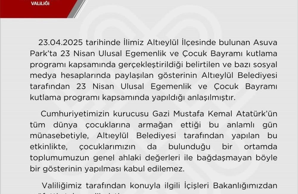 Balıkesir’de direk danslı 23 Nisan gösterisi soruşturmalık oldu Altıeylül Belediye tarafından düzenlenen 23 Nisan Ulusal Egemenlik ve Çocuk