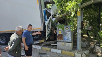 Ocaklar Mahallesi’nde meydana gelen kazada, frenleri patlayan kamyon ağaca çarparak