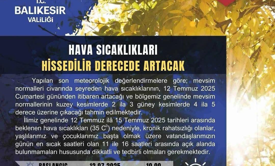 Valilik artan hava sıcaklıklarına karşı uyardı Balıkesir Valiliği, 12-15 Temmuz tarihleri arasında beklenen sıcak hava dalgasına