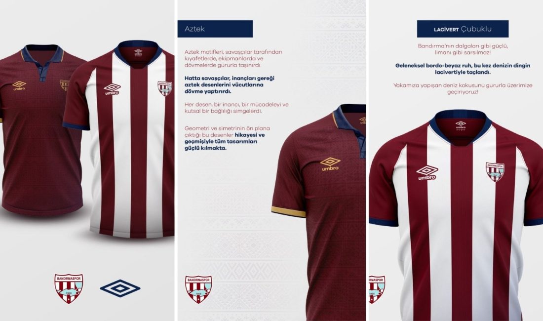Bandırmaspor’dan 2025-2026 sezonuna özel formalar Yeni sezona Aztek ve Lacivert Çubuklu formalarıyla hazırlanan Bandırmaspor, hem