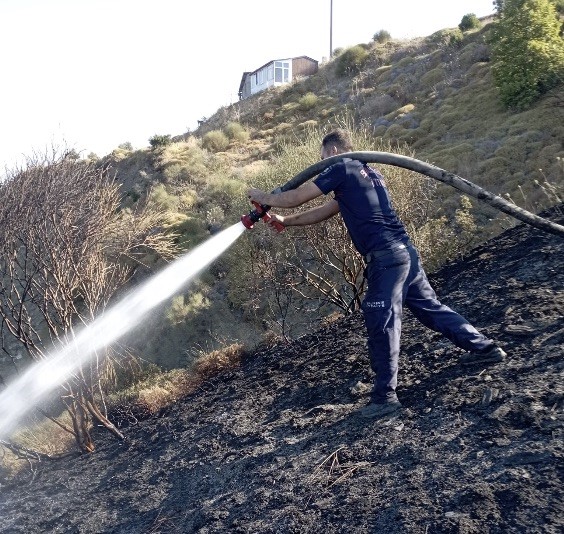  Çınarlı Mahallesi liman mevkiinde çıkan arazi yangını, ekiplerin müdahalesiyle kontrol