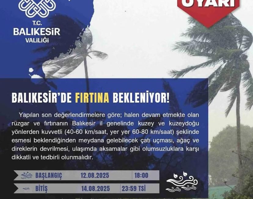 Balıkesir Valiliği’nden fırtına uyarısı Balıkesir Valiliği, kent genelinde devam eden fırtınanın 14 Ağustos’a kadar