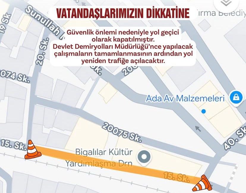 Bandırma Belediyesi, güvenlik ve altyapı çalışmaları nedeniyle Sunullah Mahallesi 15.