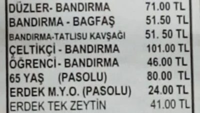 UKOME kararıyla Erdek-Bandırma hattı ile Bandırma şehir içi toplu taşıma
