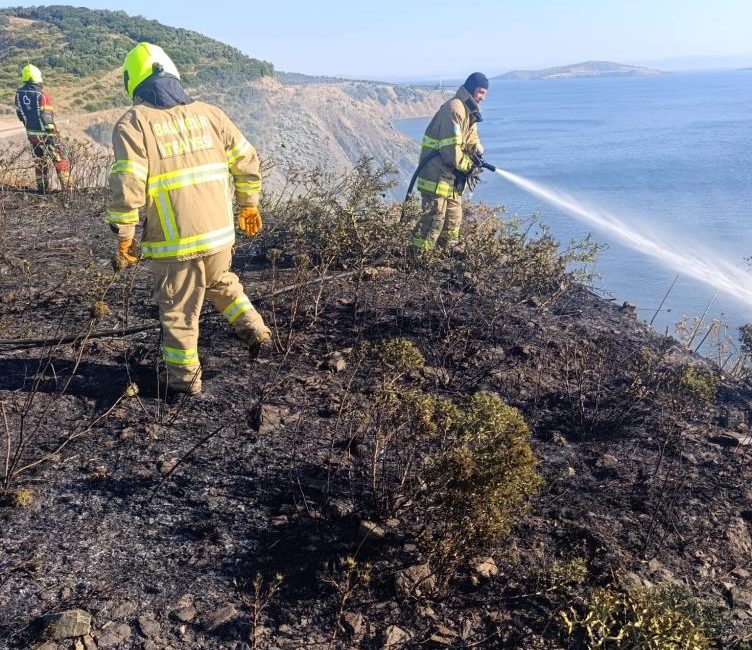 Erdek ilçesinde mezarlık yakınlarında meydana gelen ot yangını, itfaiye ekiplerinin