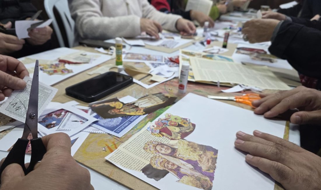 Sanat Sokağı’nda kolaj çalışmaları yapıldı Gülümser Eroğlu’nun kolaj tekniği hakkında bilgi verdiği atölyede, katılımcılar A4