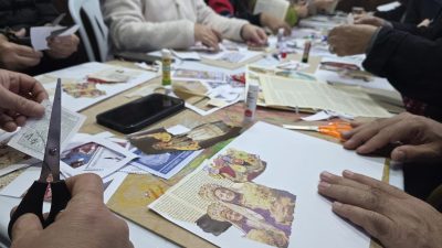 Gülümser Eroğlu’nun kolaj tekniği hakkında bilgi verdiği atölyede, katılımcılar A4